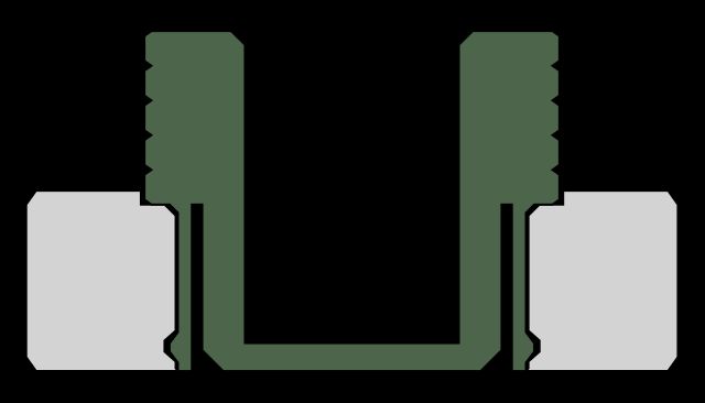 2D cutaway diagram of two joined components. A green component in the center has ridges on either side that fit into the valleys of the grey components around the perimeter.