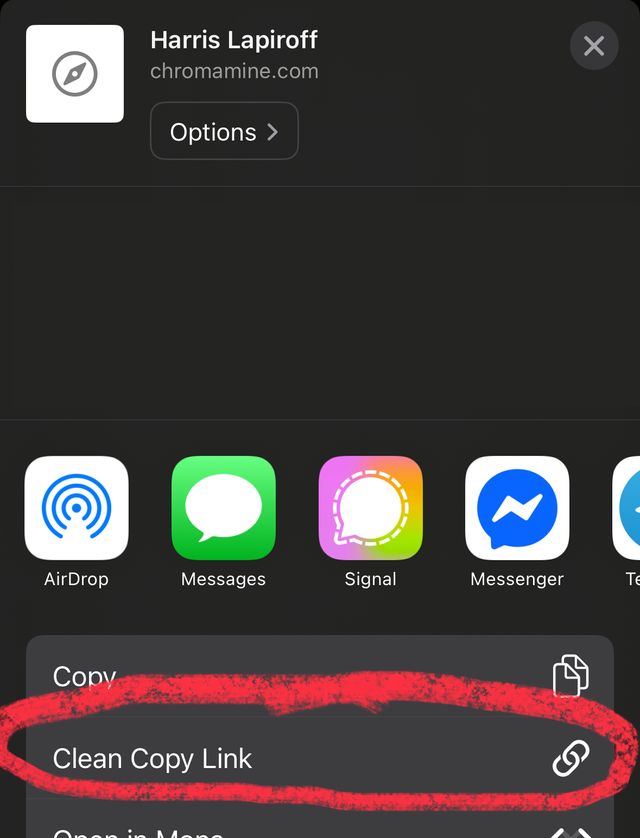An iOS share sheet with the Clean Copy Link shortcut highlighted by a red circle