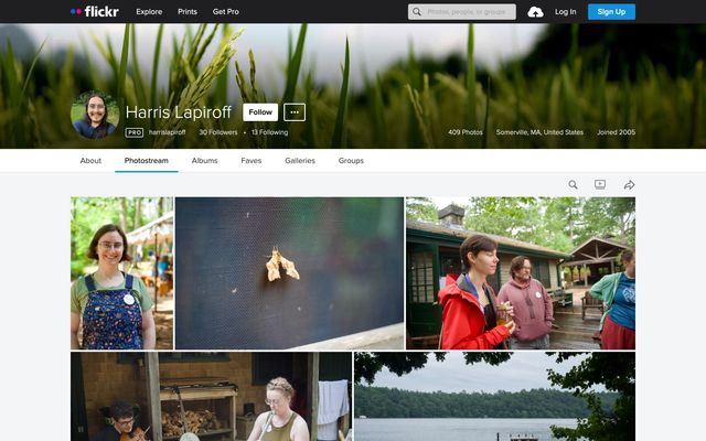 A screenshot of Harris's Flickr profile page showing a banner with his personal information and a grid of photos below.