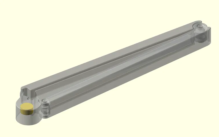 A 3D render of a bag clip, shown transparent, with a yellow cylinder embedded in the hinge of the clip