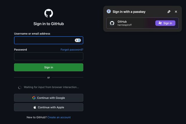 A screenshot of the 1Password app asking if I want to use a passkey to sign in to GitHub.