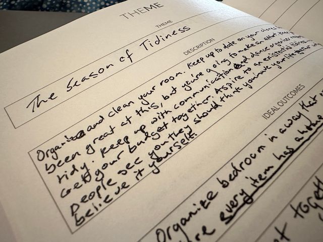A notebook page with the word "Theme" printed across the top. Undeneath that is a box in which someone has handwritten "The Season of Tidiness."