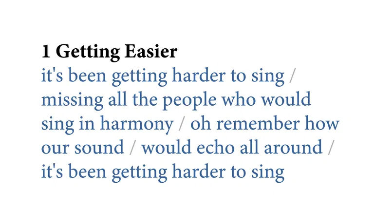 Screenshot of a stanza of lyrics with lyric lines divided by slashes. The text is blue, but the slashes are a light gray.