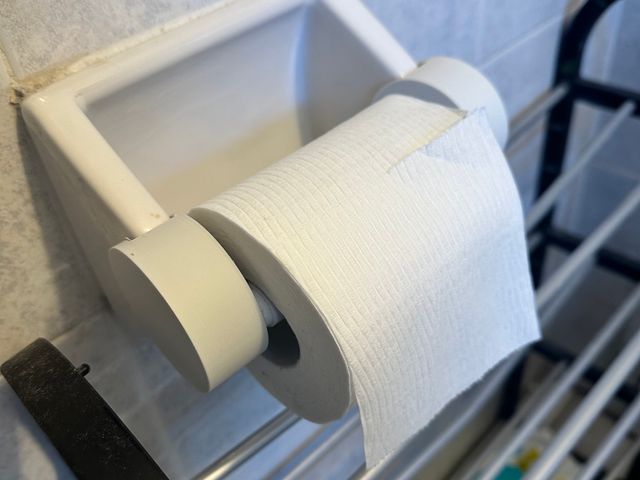The two cylindrical objects pictured earlier, now slotted around the arms of a ceramic toilet paper holder. They extend the length of the holder and a roll of toilet paper sits at the end, about an inch further out than it would without the extenders.