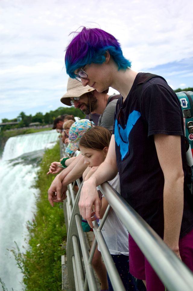 A woman with colored hair, two young children, and a bearded man lean over a railing looking down on a waterfall below.