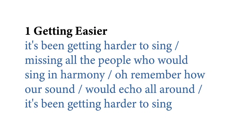 Screenshot of a stanza of lyrics with lyric lines divided by slashes. All text is blue.