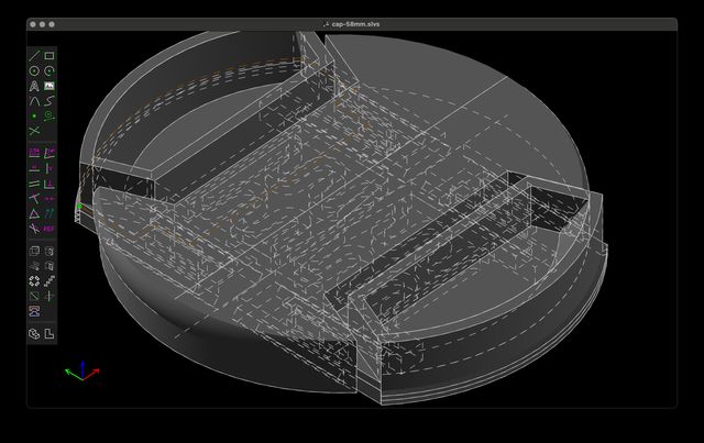 A 3D lens cap modeled with its internal components showing in stippled lines.