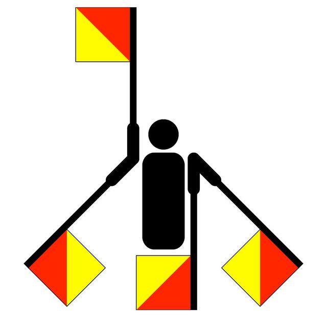 A diagram of an abstract restroom style figure with four arms each holding a semaphore flag. Each flag is square and split along the diagonal into red and yellow triangles. The figure has one arm straight up, one arm straight down, one arm down to the left, and one arm down to the right. Together these form the directions of the lines in a peace symbol.