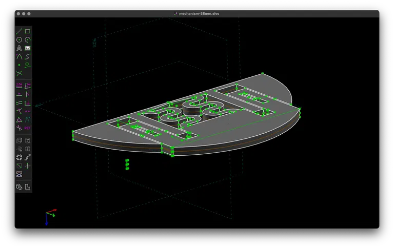 The 2D sketch of a lens cap mechanism extruded linearly into a 3D object with flat edges