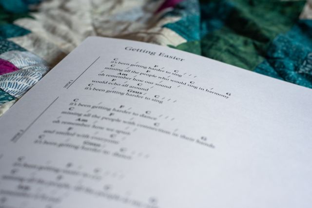 An open page from the songbook showing "Getting Easier" with chord symbols positioned above lyrics, demonstrating chord-over-lyrics formatting.