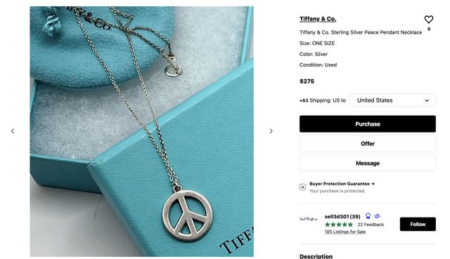 Screenshot of an online shopping page for Tiffany & Co. The product being displayed is a &quot;Tiffany & Co. Sterling Silver Peace Pendant Necklace&quot; being sold for $275. The product photo displays the necklace staged on a Tiffany & Co. box that is colored Tiffany's characteristic teal.