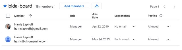 Screenshot of the interface for managing Google Groups members. There are two Harris Lapiroffs in the group. One has the email address harrislapiroff@gmail.com, the other harris@chromamine.com. The former is set to "No email." The latter is set to "Each Email."