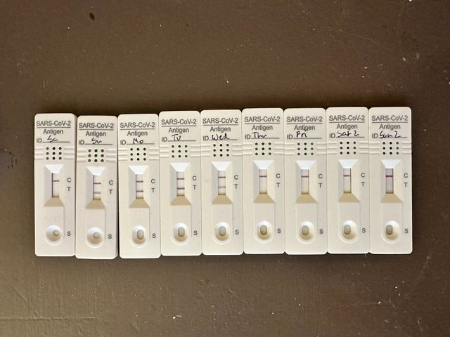 A series of 9 covid rapid tests labeled in pen "Sat" through "Sun 2."