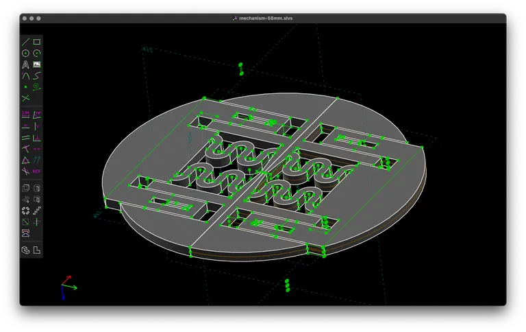 The same extruded object, but now repeated across the axis so it produces a full circular object.