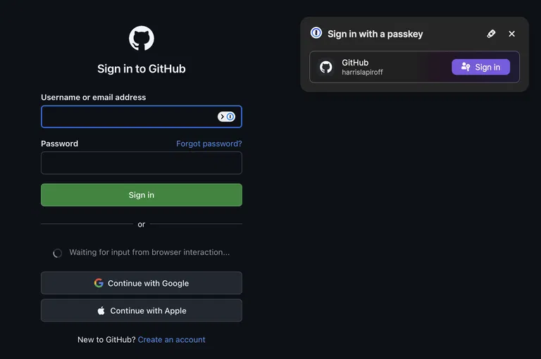 A screenshot of the 1Password app asking if I want to use a passkey to sign in to GitHub.