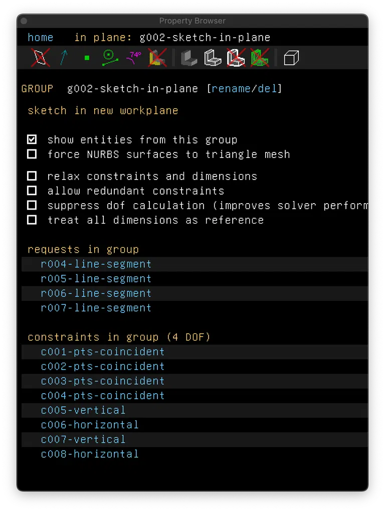 The SolveSpace property inspector listing under "requests" four line segments and under "constraints" the eight constraints enumerated above.