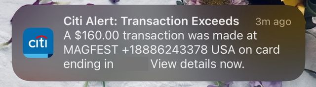 Screenshot of a phone notification reading "Citi Alert: Transaction Exceeds. A $160.00 transaction was made at MAGFEST USA on card ending in. View details now."